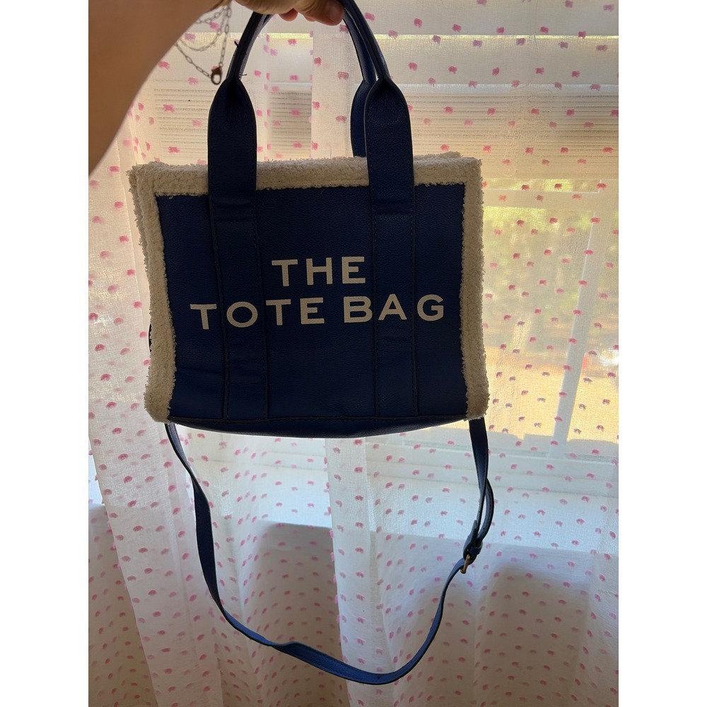 Blue Faux Leather Tote Bag with Cream Faux Shearling Trim and Crossbody Strap